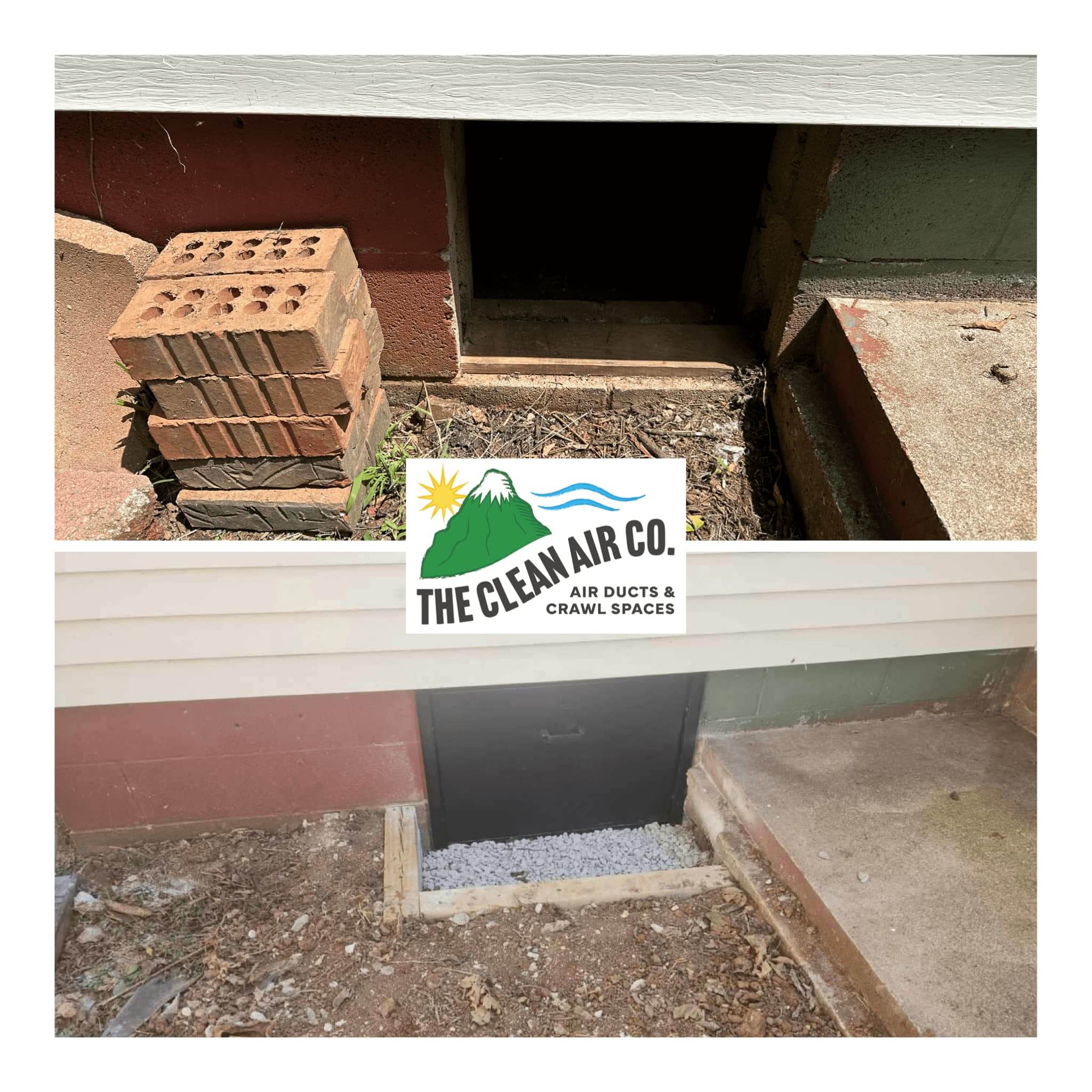 Photo of a crawl space door before and after installation through cinderblock and brick.