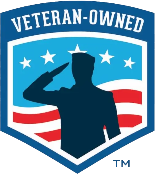 Badge: Blue outline with a chevron at the bottom. Across the top, "VETERAN-OWNED" in white text. Inside the badge, a modified US flag with 5 white stars arcing across the top. A silhouette of a soldier saluting in front. Badge signifies a veteran-owned business.